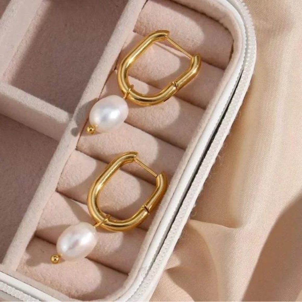 New 18K Freshwater Pearl Drop U Shape Earrings, CUTE RING, SHINY RING. - Picture 7 of 7